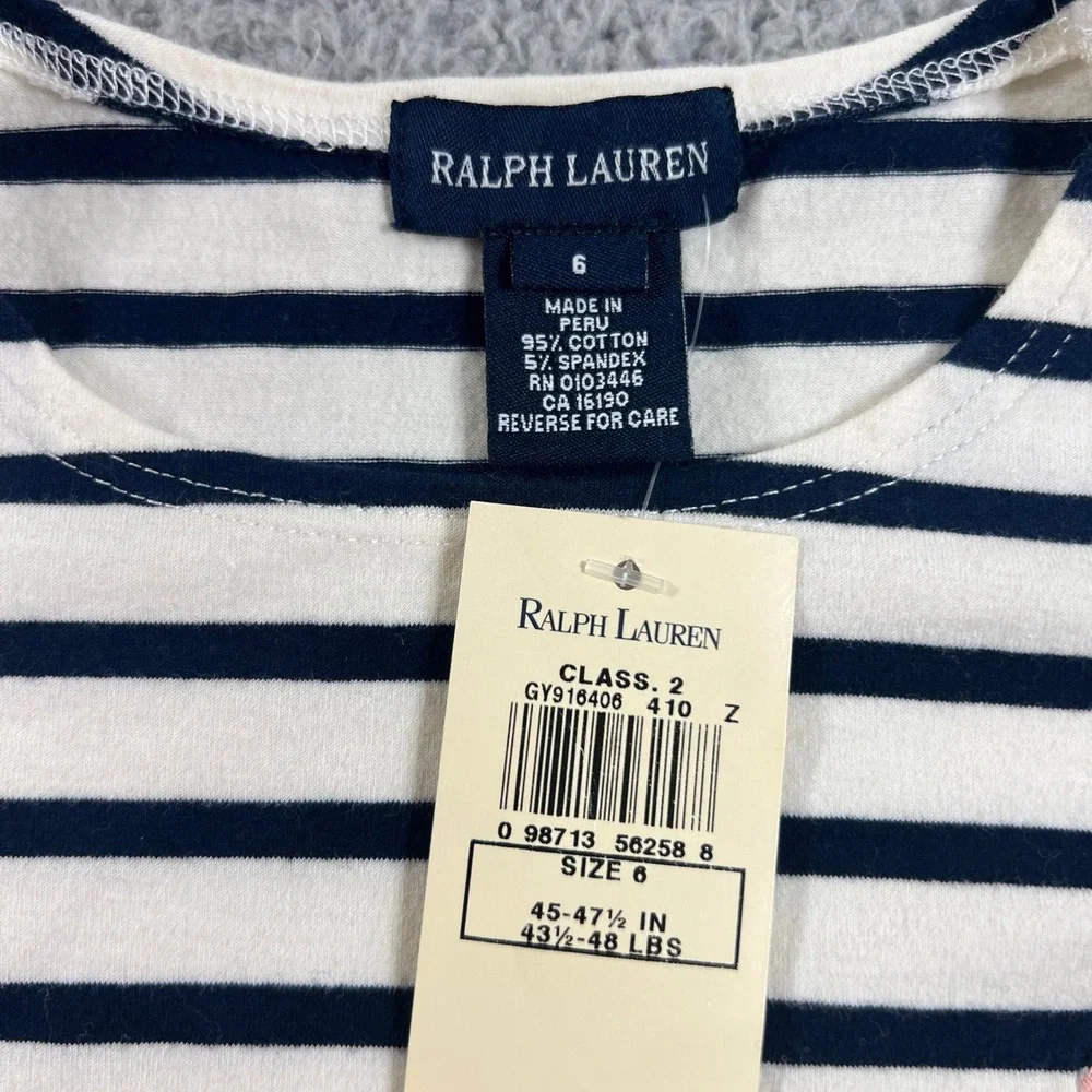 Ralph Lauren T-Shirt Girls 6 White‎ Navy Striped Short Sleeve Lettuce Trim Pony